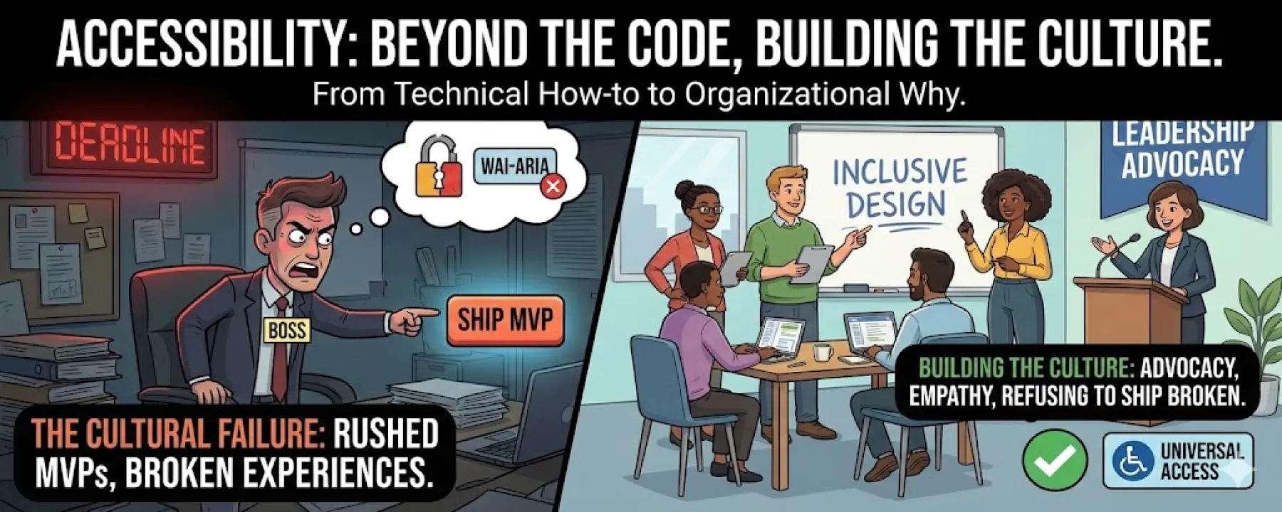 Banner for post showing representation of versus from shipping accessible things for empathy and compliance.